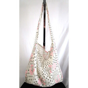 Free People Large Pink Black White Gauze Cotton Reusable Hobo Shoulder Bag